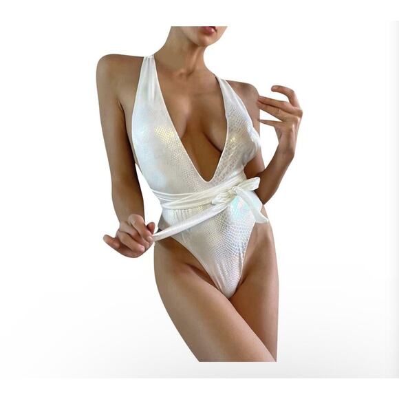 Womens White One Piece Swimsuit Large Mermaid Scales Tie Mermaidcore Beach - Picture 1 of 6